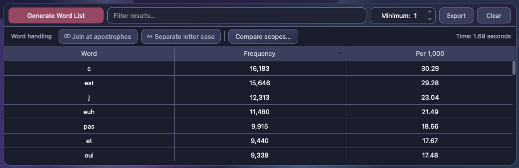 Real Exempla Word List results in Aurora dark mode