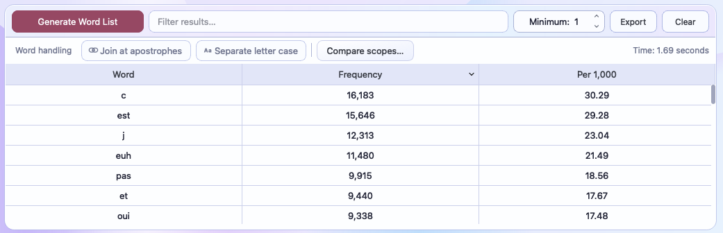 Real Exempla Word List results in Aurora light mode