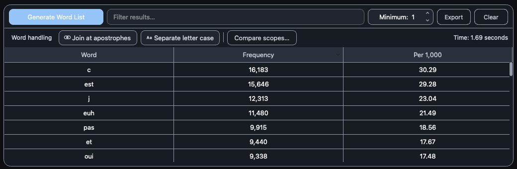 Real Exempla Word List results in high-contrast dark mode