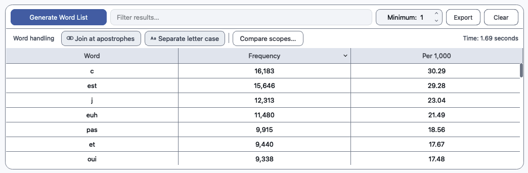 Real Exempla Word List results in high-contrast light mode